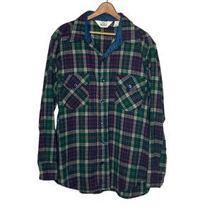 Vintage 70s Woolrich Men's XL Green Plaid Wool Blend Button Up Shirt Made In USA